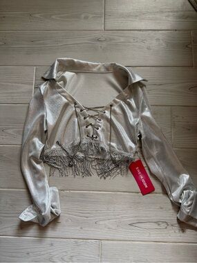 NWT Silver Lace-Up Fringe Crop Top